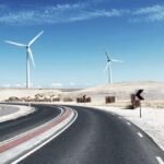 Wind turbines beside a road