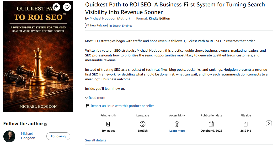 Quickest Path to ROI SEO book earns Amazon #1 new release badge